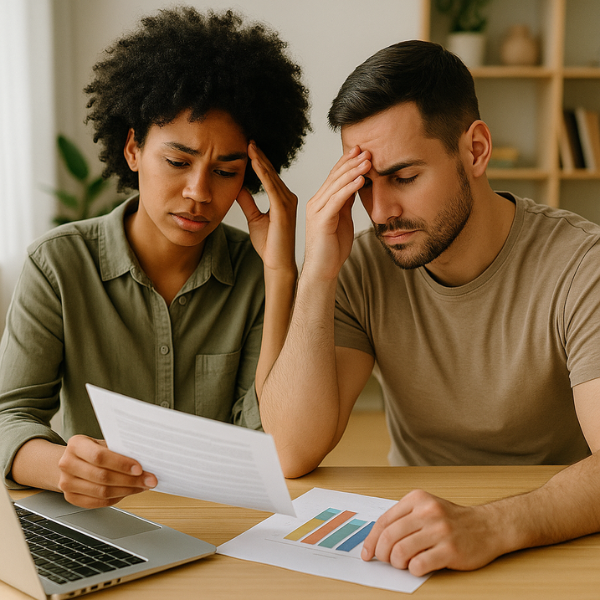 Casal jovem analisando documentos e planilha com expressão de preocupação, diante dos impactos financeiros da taxa de evolução de obra