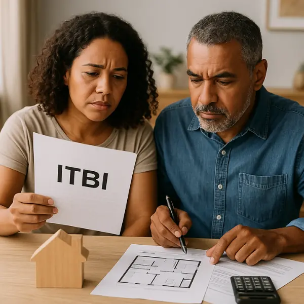 Casal analisando documento de ITBI e planta de imóvel na mesa com expressão preocupada
