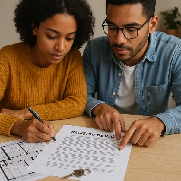 Casal jovem revisando documentos de registro de imóvel na planta, com planta baixa e chaves sobre a mesa.
