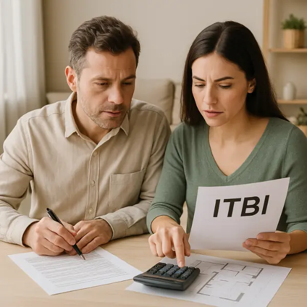 Casal calculando custos de compra de imóvel na planta com papéis e calculadora sobre a mesa