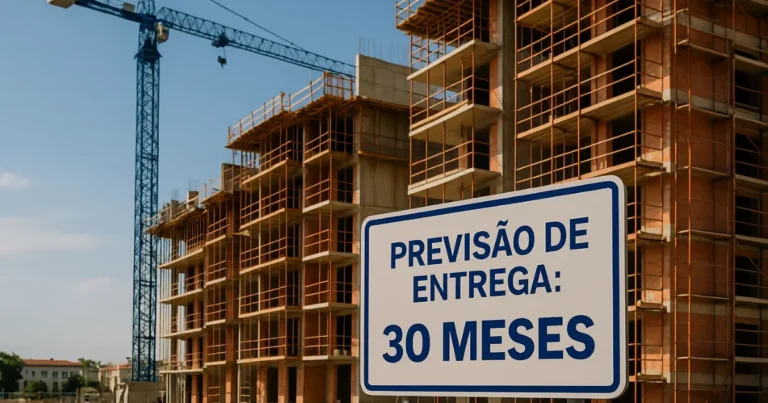 Obra em andamento com placa de previsão de entrega e guindaste ao fundo"