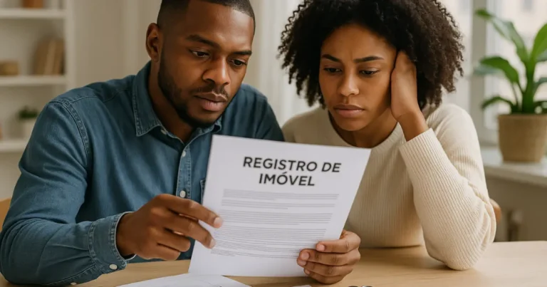 Casal afrodescendente analisando documento de registro de imóvel na planta, sentado à mesa com planta baixa e chaves ao lado.