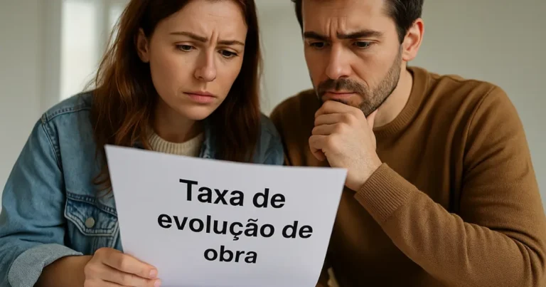 Casal preocupado analisando documento com a taxa de evolução de obra, em ambiente iluminado com planta do imóvel sobre a mesa.