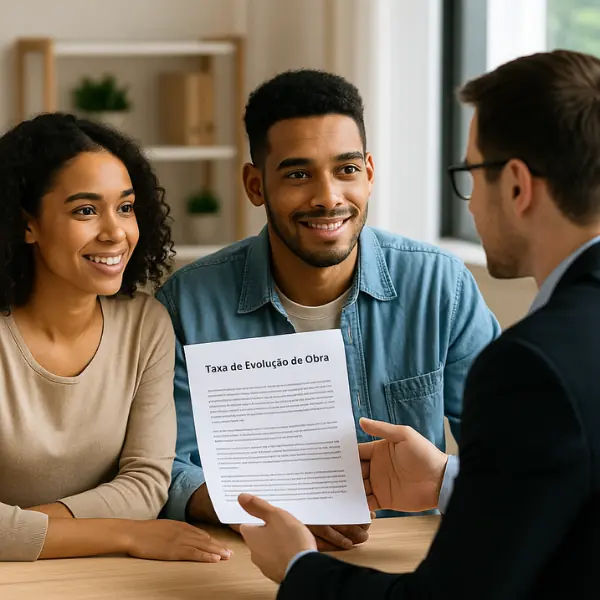 Casal jovem conversando com gerente bancário sobre taxa de evolução de obra para imóvel na planta