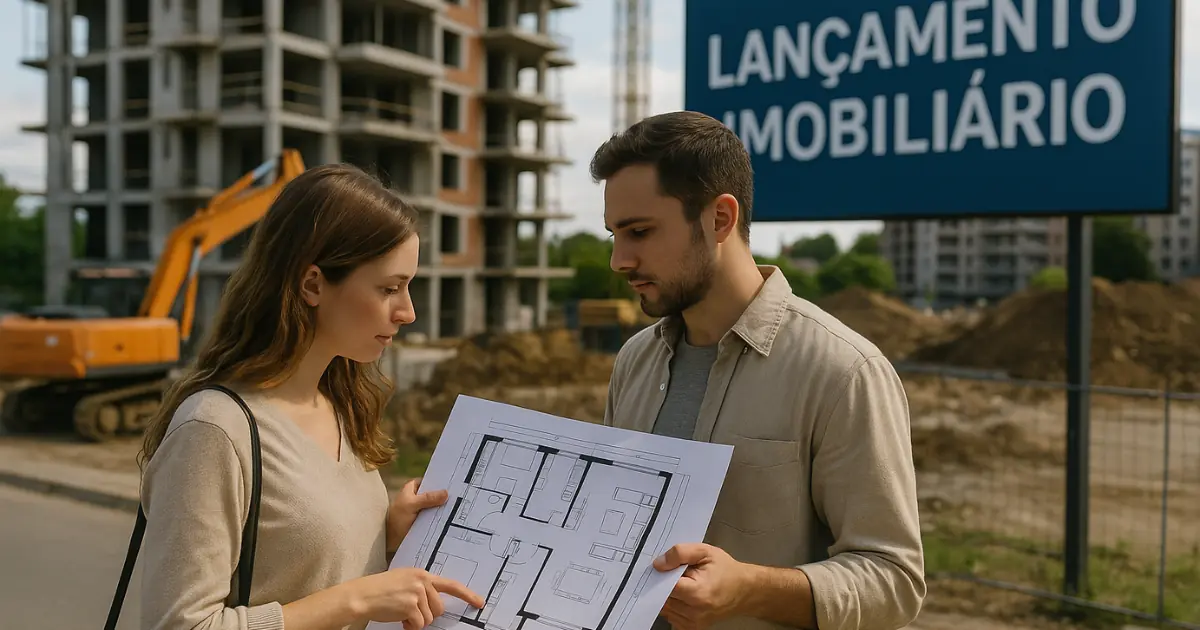 Casal observando planta de imóvel na frente de um canteiro de obras com placa de lançamento imobiliário