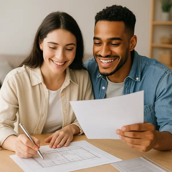 Casal feliz revendo planejamento financeiro com documentos de imóvel na planta