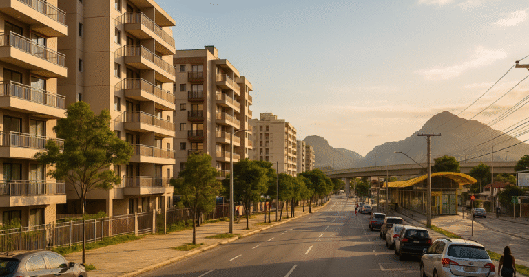 investir em imóveis na planta na Taquara, com condomínios novos, BRT e luz do fim da tarde.